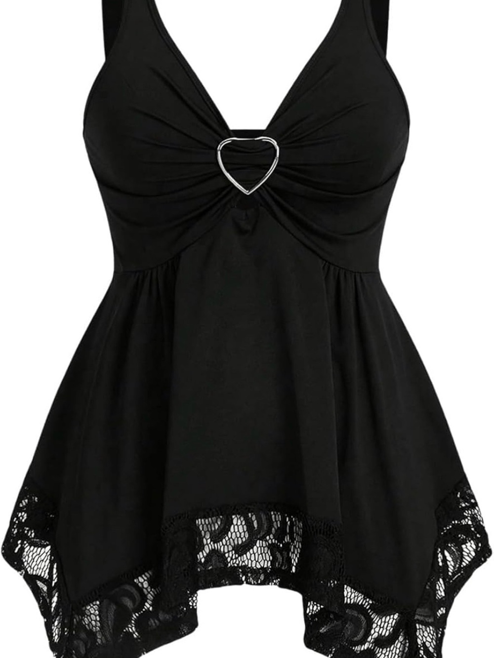 Black Lace Hem Heart-Accent Tank Top